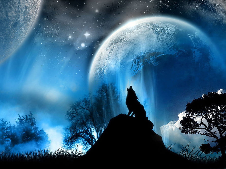 Silhouetted Wolf Howling at a Glowing Blue Planet in a Starry Night Sky HD wallpaper