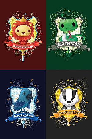 Cute Kawaii Harry Potter Hogwarts Houses Crests Gryffindor Slytherin Ravenclaw Hufflepuff HD phone wallpaper