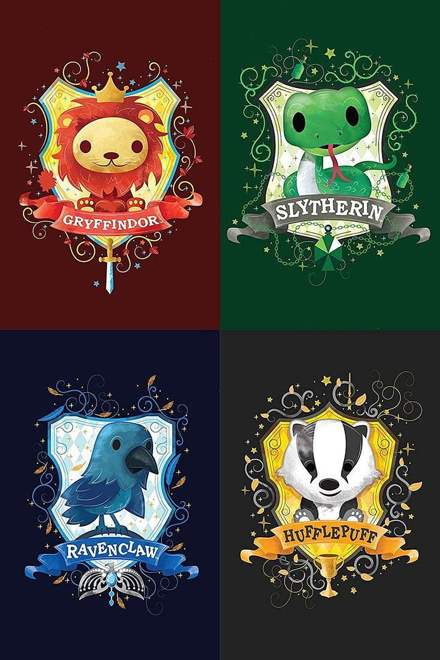 Cute Kawaii Harry Potter Hogwarts Houses Crests Gryffindor Slytherin Ravenclaw Hufflepuff HD phone wallpaper