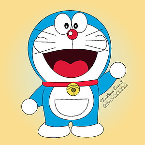 Cheerful Doraemon Cartoon Illustration with Red Collar and Yellow Bell on Warm Background HD phone wallpaper