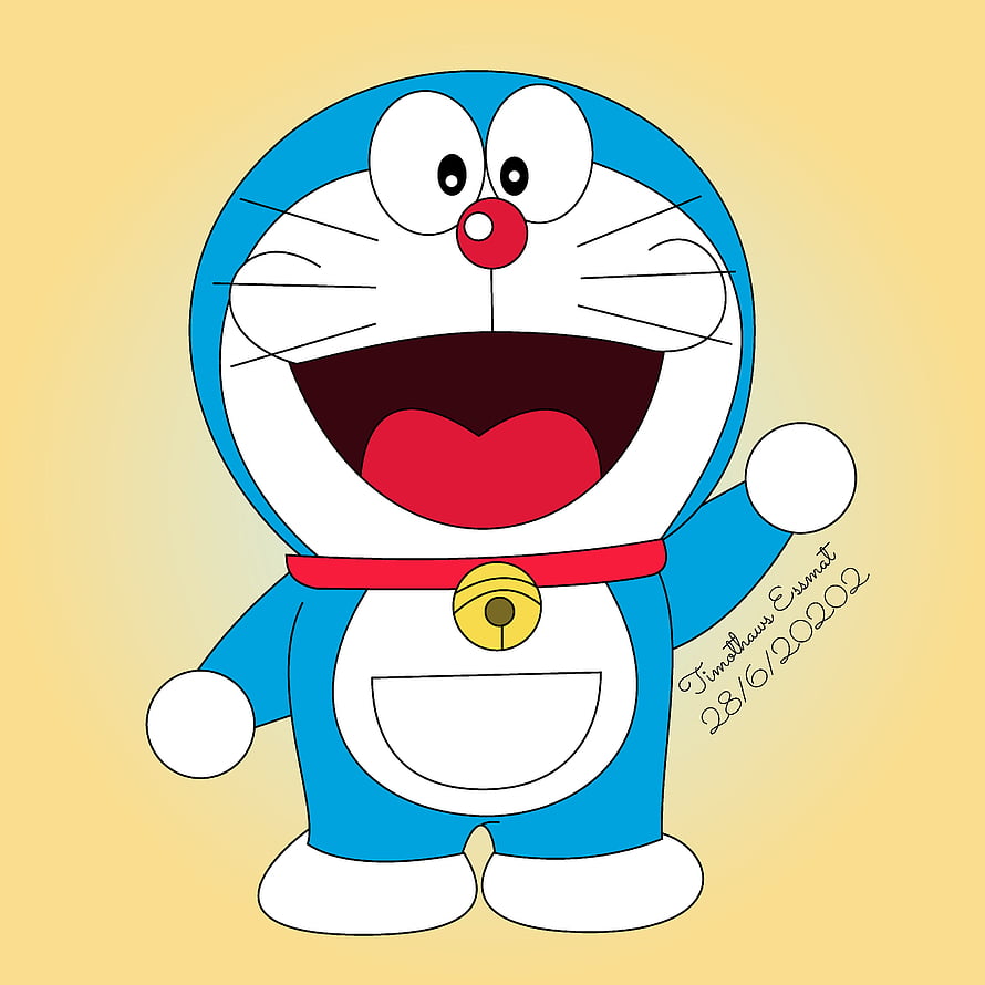 Cheerful Doraemon Cartoon Illustration with Red Collar and Yellow Bell on Warm Background HD phone wallpaper