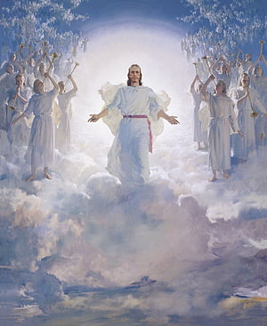 Jesus Christ Walking on Clouds Surrounded by Angels Playing Trumpets in a Divine Painting HD phone wallpaper