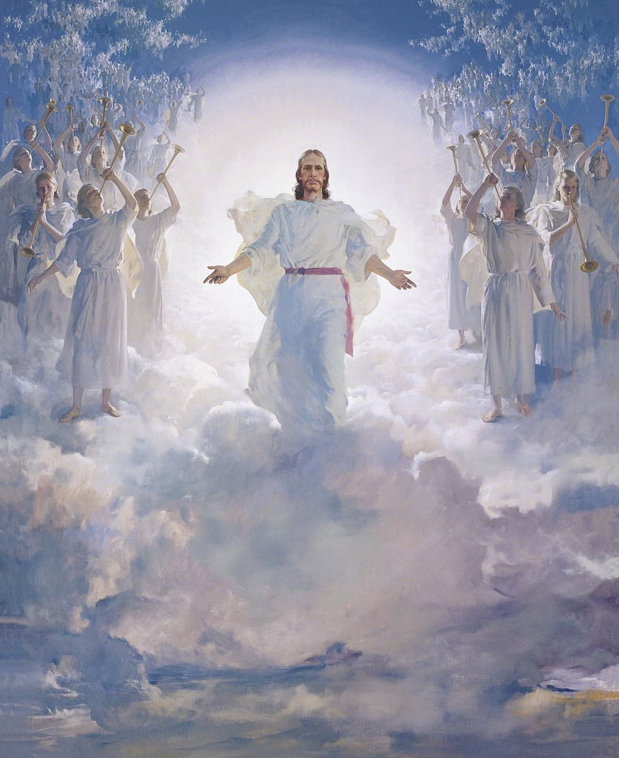 Jesus Christ Walking on Clouds Surrounded by Angels Playing Trumpets in a Divine Painting HD phone wallpaper