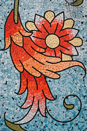 Colorful Mosaic Artwork Featuring A Stylized Red Flower With Blue Background HD phone wallpaper