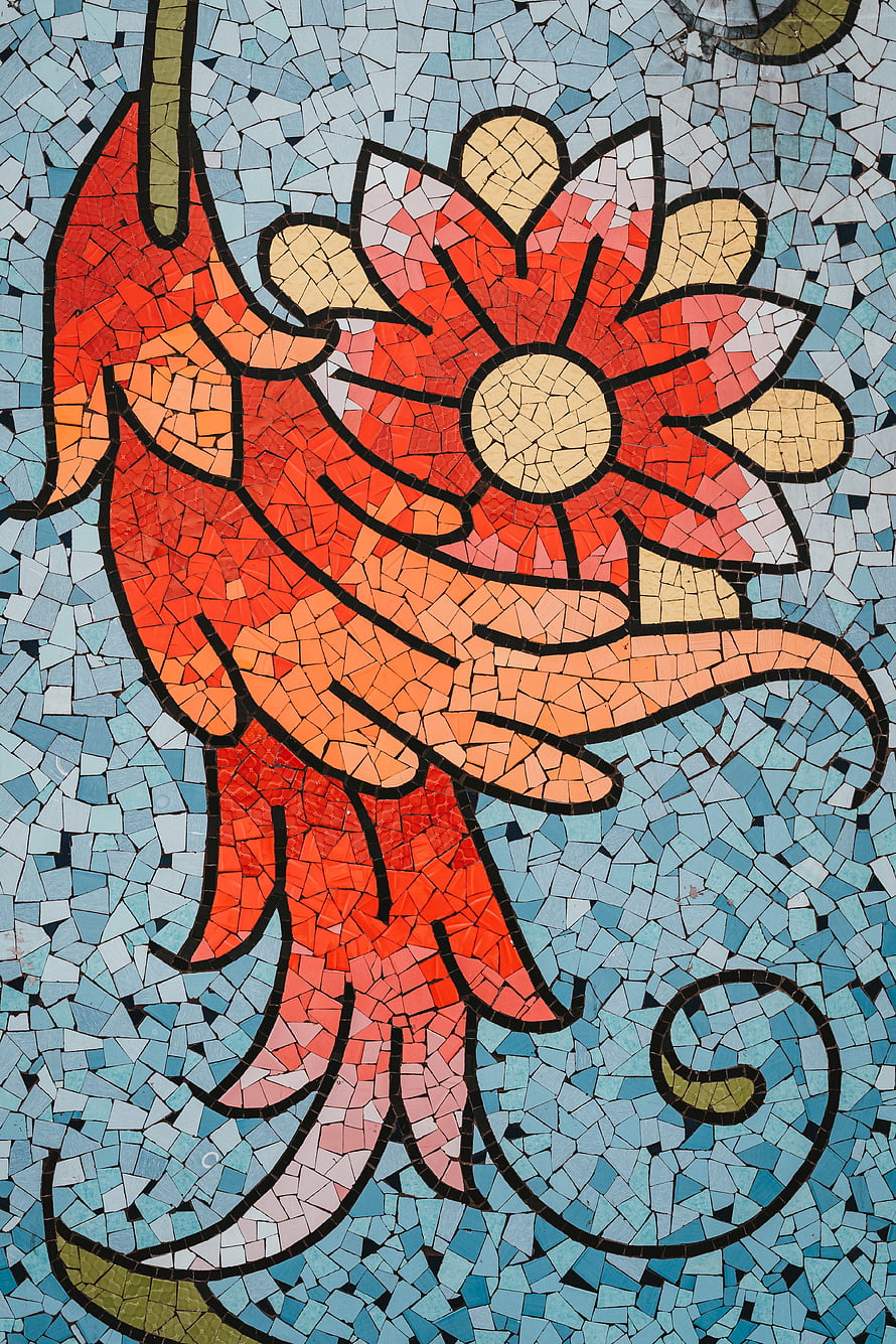 Colorful Mosaic Artwork Featuring A Stylized Red Flower With Blue Background HD phone wallpaper