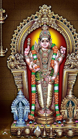 Lord Ayyappa Hindu Deity Wallpaper with Trishul and Sacred Offerings HD phone wallpaper