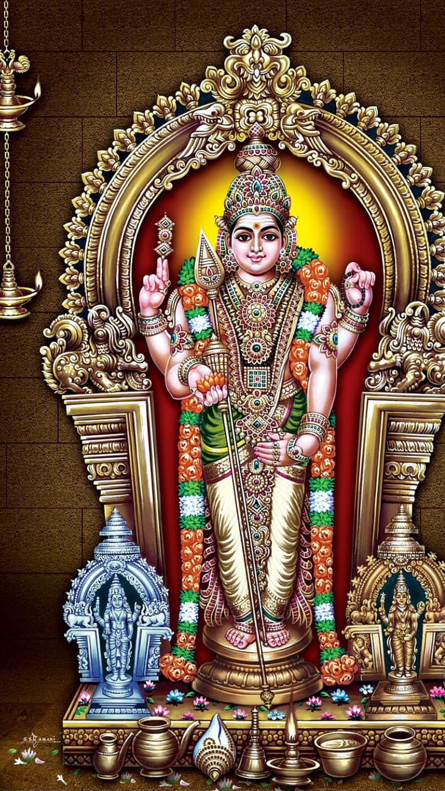 Lord Ayyappa Hindu Deity Wallpaper with Trishul and Sacred Offerings HD phone wallpaper