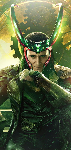 Loki God of Mischief in Green Horned Helmet and Armor Marvel Cinematic Universe HD phone wallpaper