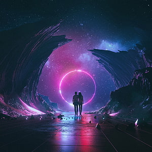 Couple Silhouettes Gazing at Glowing Pink Ring in Cosmic Cave HD phone wallpaper