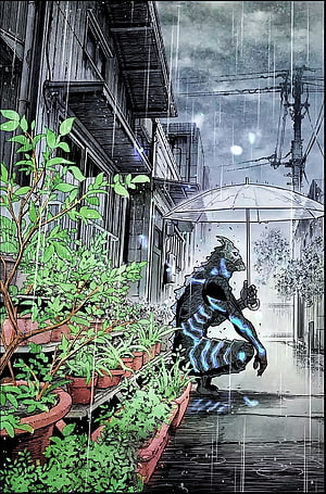 Giant Monster Crouching Under Umbrella in Rainy Alleyway HD phone wallpaper