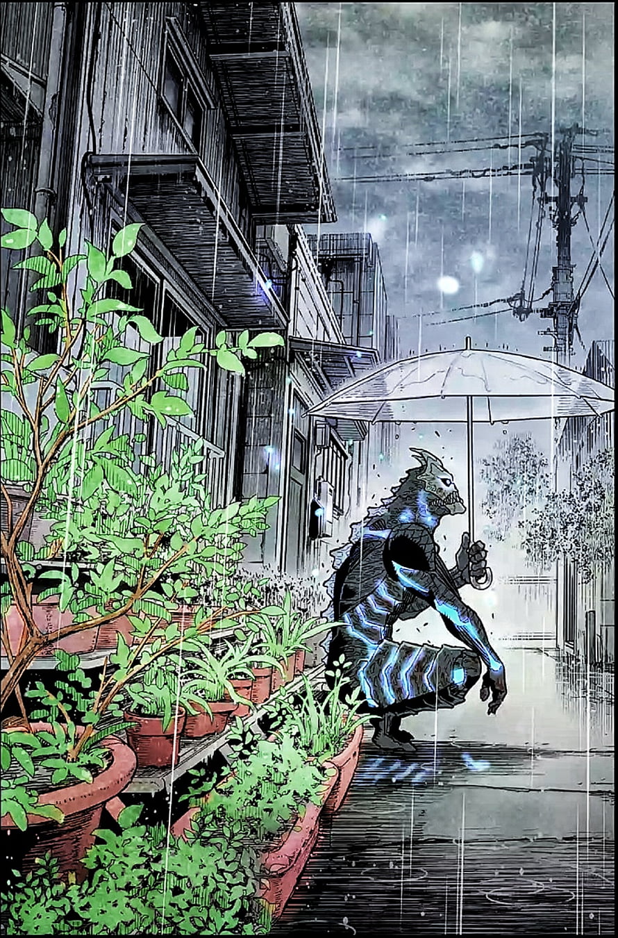 Giant Monster Crouching Under Umbrella in Rainy Alleyway HD phone wallpaper