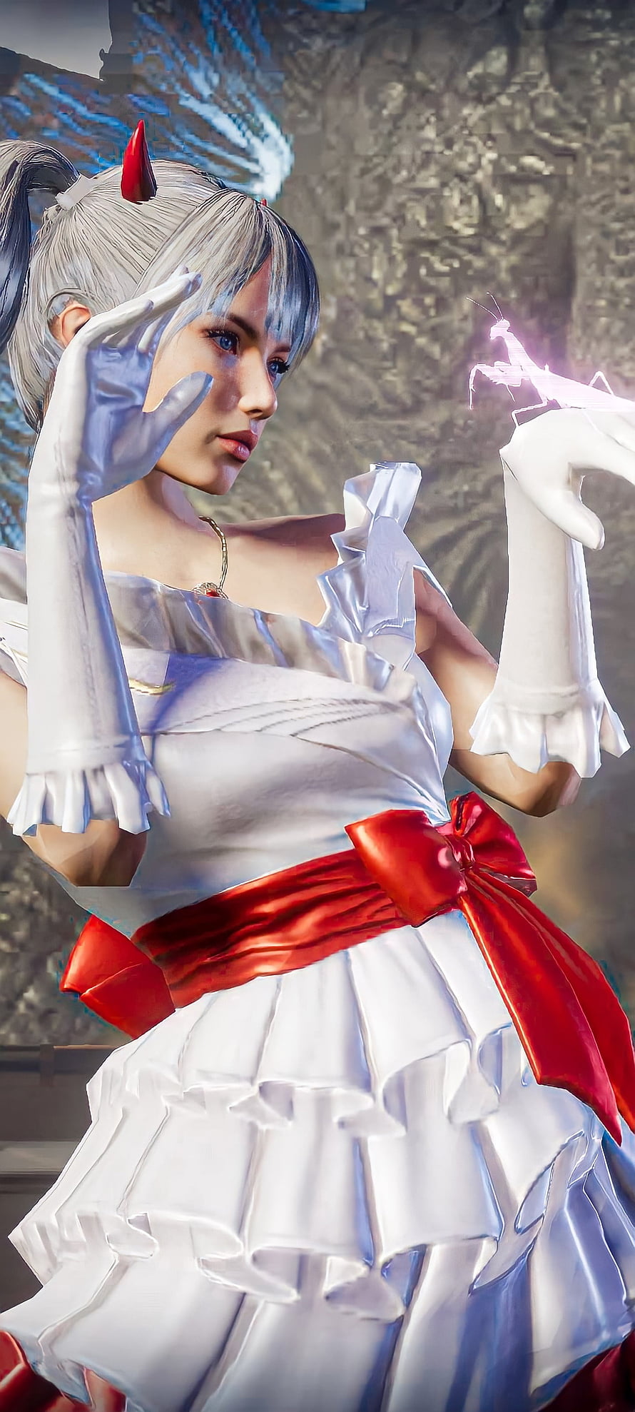 2B in White Dress from NieR Automata with Red Ribbon and Glowing Mantis, Pubg, beautiful, graph, pink, BGMI HD phone wallpaper