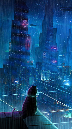 Cyberpunk Cat Silhouette Gazing at Neon Skyscrapers in Rainy Night Cityscape Digital Art HD phone wallpaper