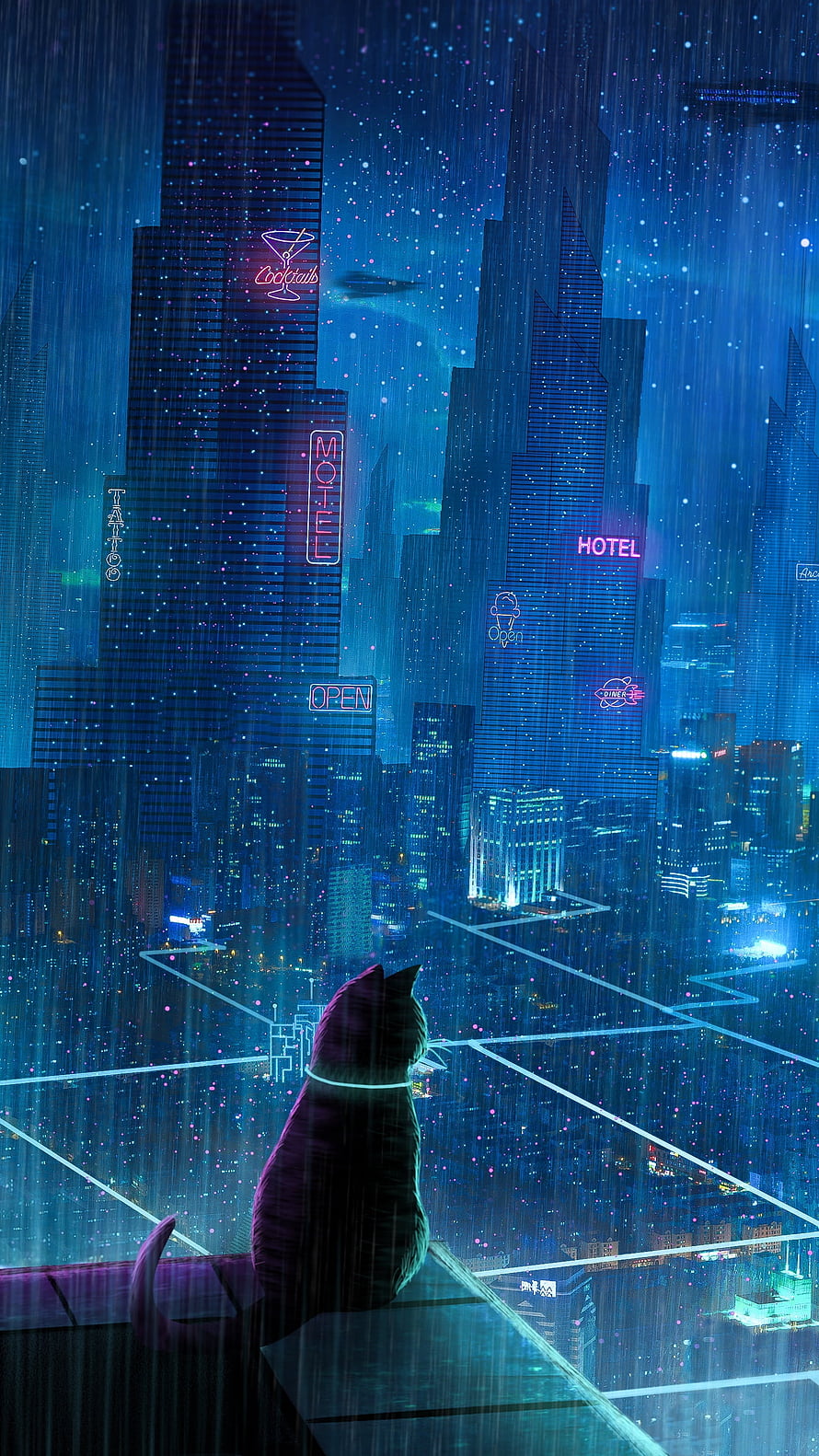 Cyberpunk Cat Silhouette Gazing at Neon Skyscrapers in Rainy Night Cityscape Digital Art HD phone wallpaper