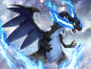 Mega Charizard X Dragon Breathing Blue Energy in Dynamic Anime Style HD wallpaper