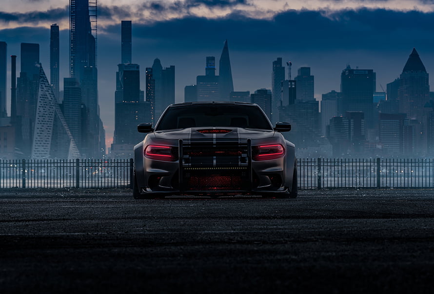 Dodge Charger SRT Hellcat Enforcer Rear View Against Moody City Skyline HD wallpaper