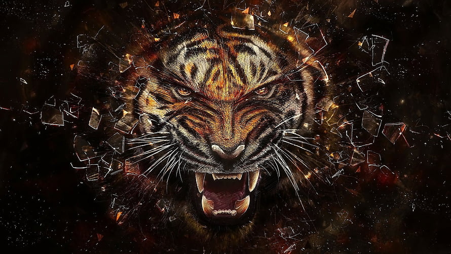 Fierce Roaring Tiger Face Breaking Through Shattered Glass Dark Background HD wallpaper