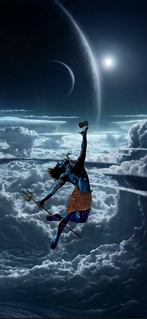 Blue-skinned deity with trident and leopard skin dancing above clouds and planets HD phone wallpaper