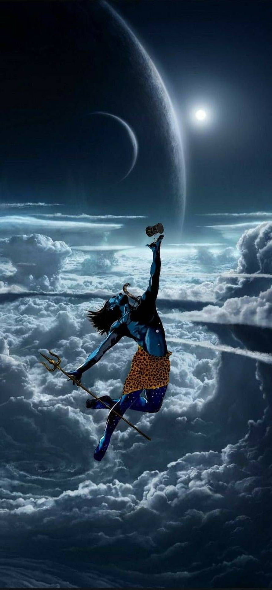 Blue-skinned deity with trident and leopard skin dancing above clouds and planets HD phone wallpaper