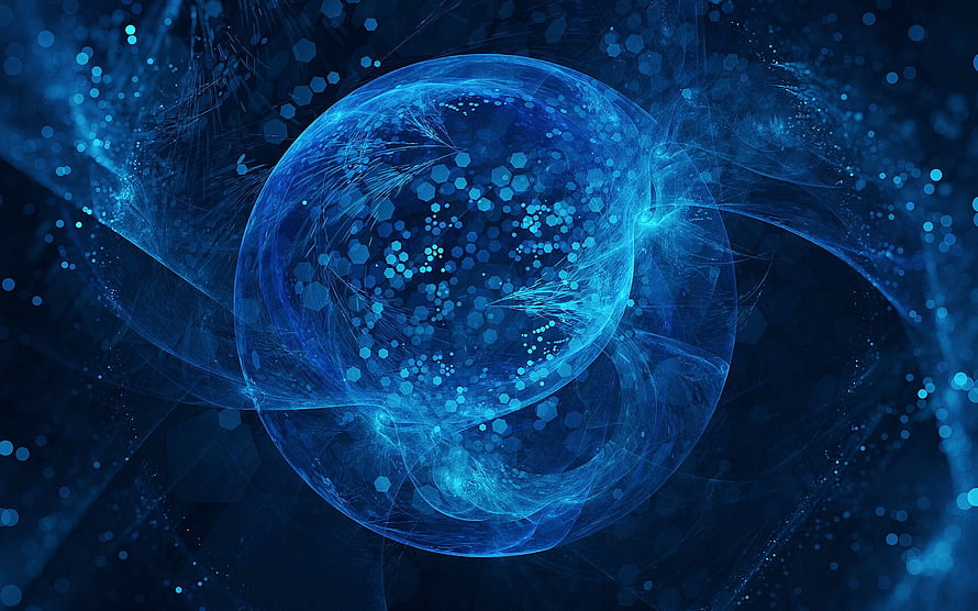 Abstract Blue Fractal Sphere With Glowing Hexagonal Particles And Ethereal Swirls HD wallpaper