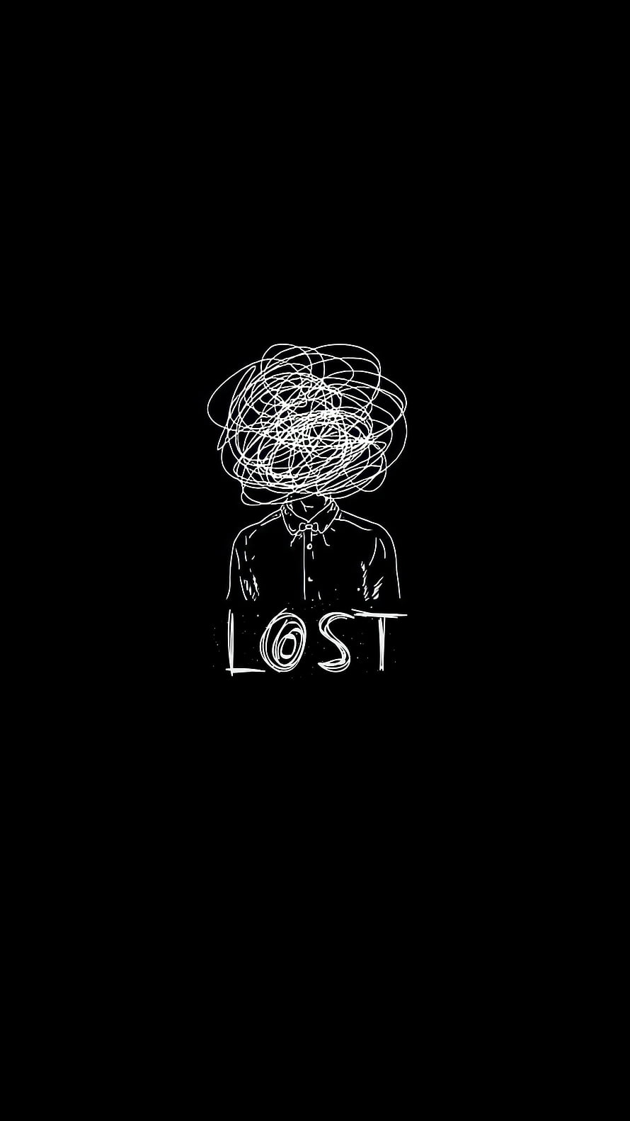 Minimalist Line Art of a Person with a Tangled Head and the Word Lost on Black Background HD phone wallpaper