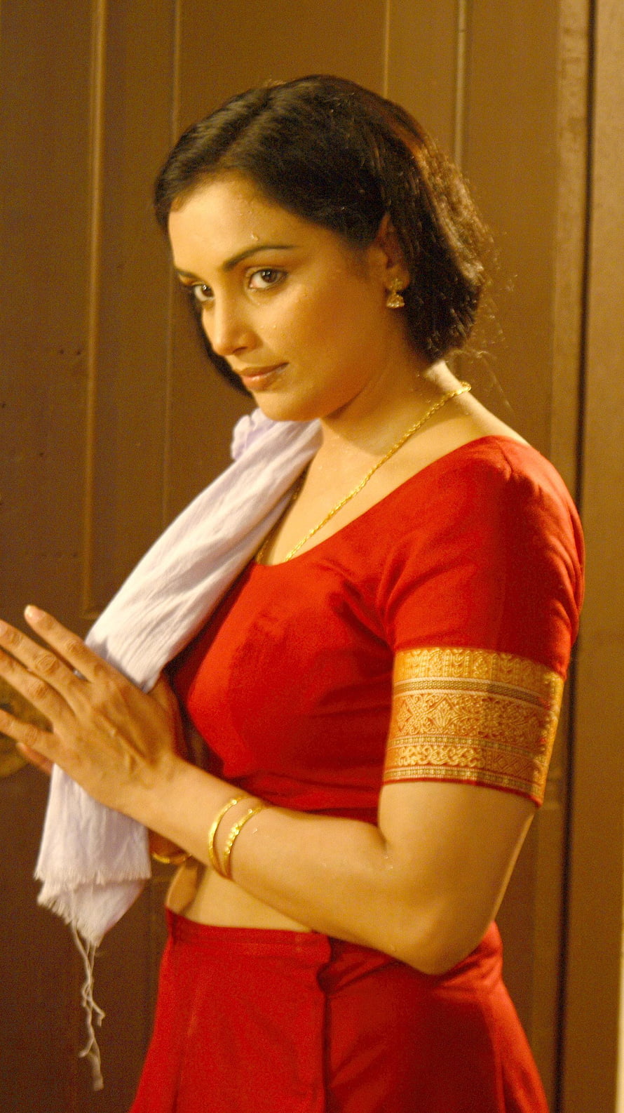 Swetha Menon in Traditional Red Saree with Gold Embroidery and White Dupatta HD phone wallpaper