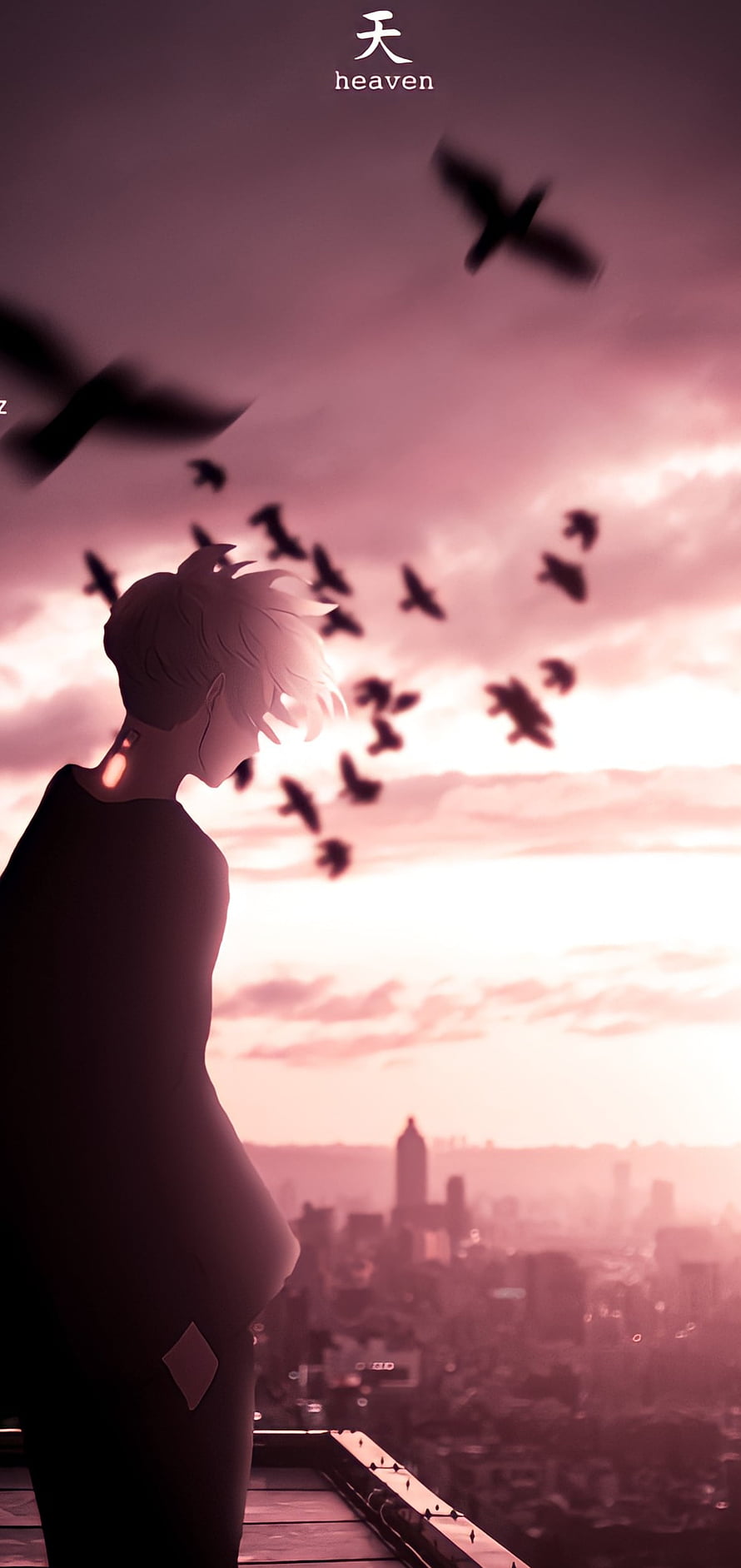 Anime Boy Silhouette Watching Birds Fly Over City at Sunset HD phone wallpaper