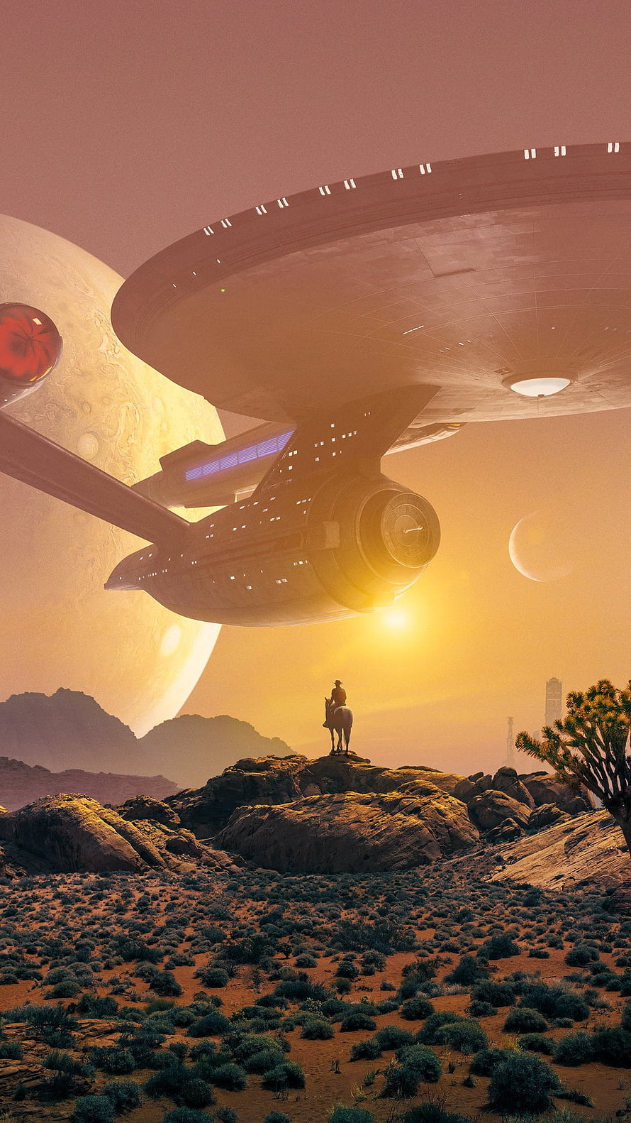 Star Trek Strange New Worlds Starship Descending Over Alien Desert Landscape HD phone wallpaper