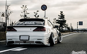 White Nissan Silvia S15 Modified Coupe Rear View on Open Road HD wallpaper