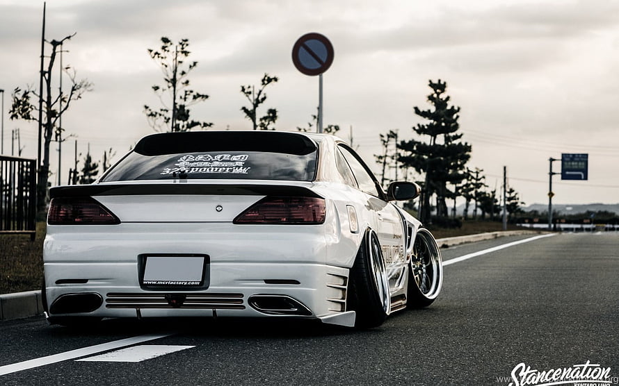 White Nissan Silvia S15 Modified Coupe Rear View on Open Road HD wallpaper