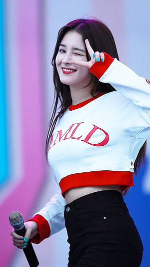 Nancy from Momoland performing on stage in a white and red cropped sweatshirt HD phone wallpaper
