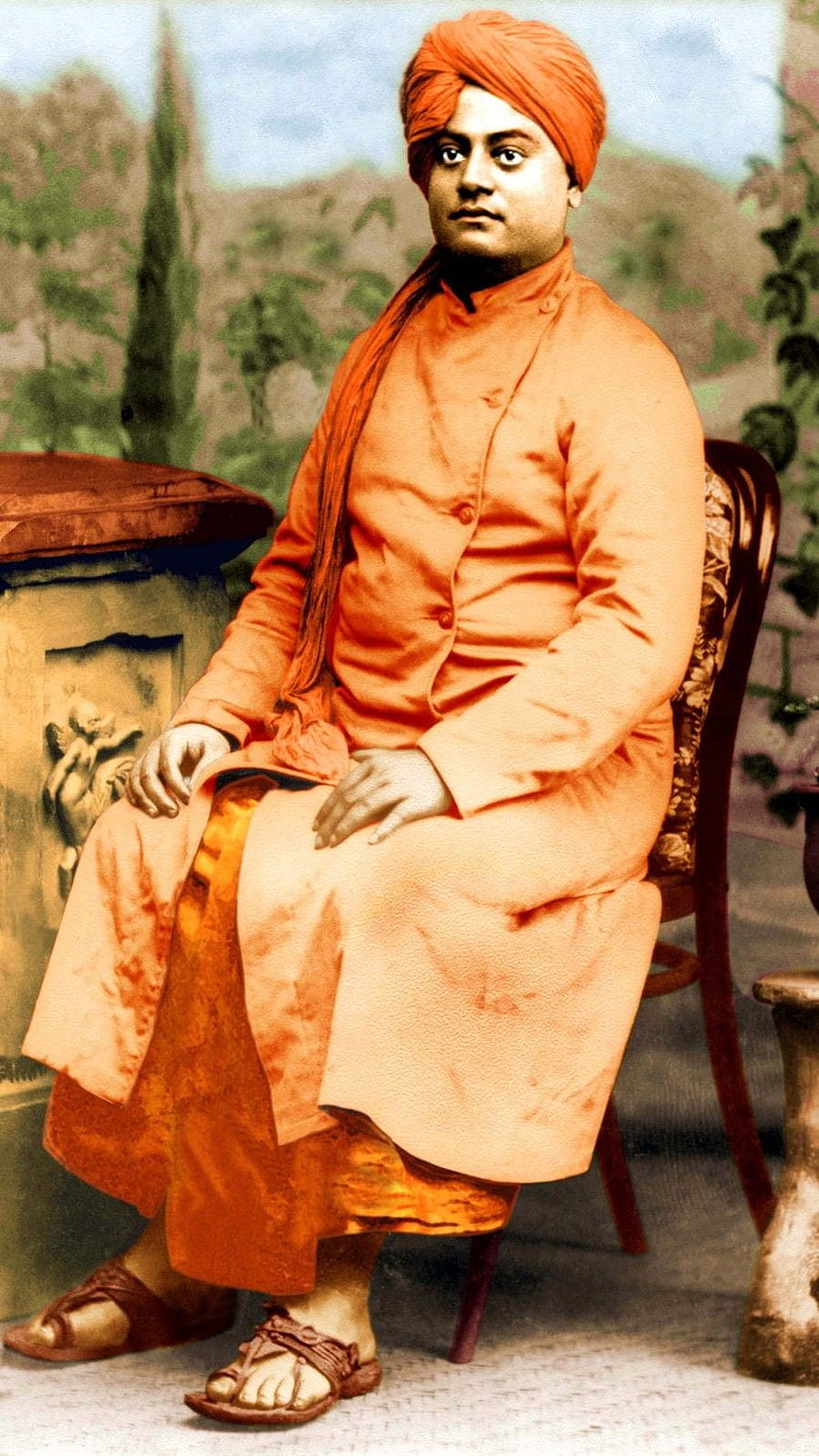 Swami Vivekananda Portrait in Traditional Orange Attire and Turban HD phone wallpaper