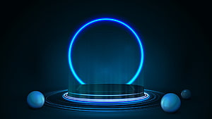 Futuristic Neon Blue Ring Podium with Glossy Spheres on Dark Background HD wallpaper