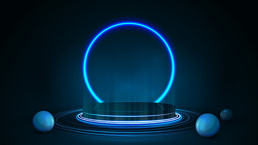 Futuristic Neon Blue Ring Podium with Glossy Spheres on Dark Background HD wallpaper
