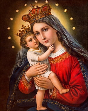 Virgin Mary and Baby Jesus Christ Crowned in Traditional Religious Painting HD phone wallpaper