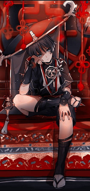 Wanderer Anime Character Sitting With Red Parasol And Traditional Decor HD phone wallpaper