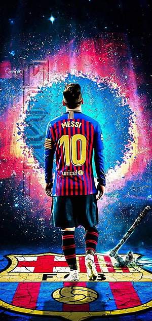 Lionel Messi FC Barcelona 10 Jersey Walking Through Cosmic Portal HD phone wallpaper