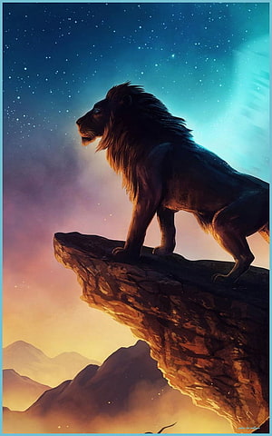 Majestic Lion Standing on Cliff Edge Under Starry Night Sky Digital Art HD phone wallpaper