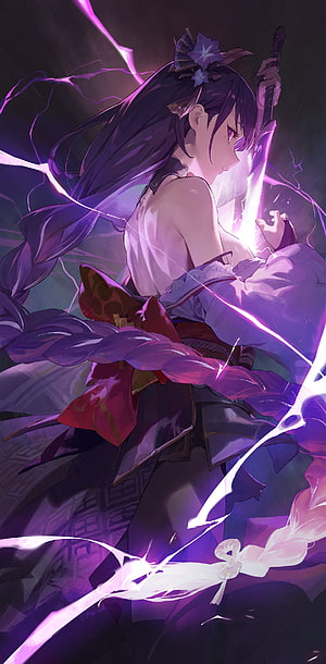 Anime Girl With Purple Lightning And Sword HD phone wallpaper