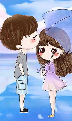 Chibi Anime Couple Sharing a Tender Moment Under a Blue Umbrella by the Sea HD phone wallpaper