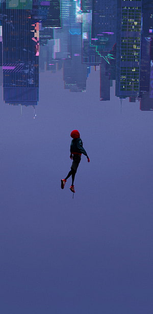 Spider-Man Miles Morales Falling Through Upside Down City Sky, Spider Man: Into The Spiderverse, Spider-Verse HD phone wallpaper