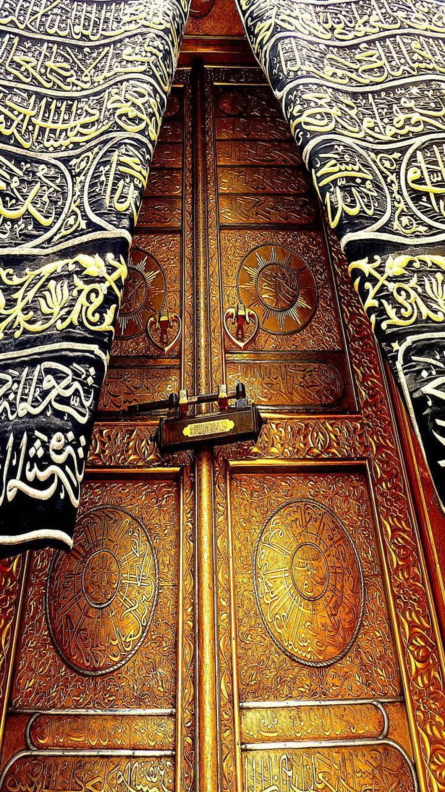 Ornate Islamic Calligraphy on Golden Wooden Door and Black Pillars HD phone wallpaper