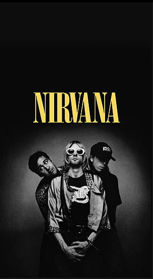 Nirvana Band Black and White Portrait with Gold Typography on Dark Background HD phone wallpaper