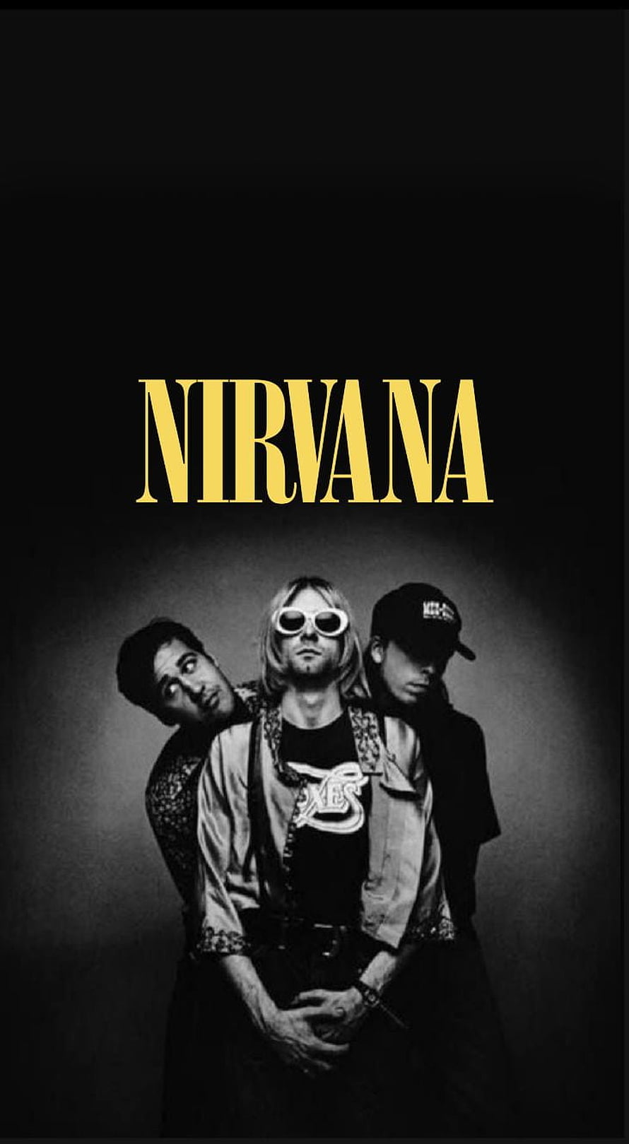Nirvana Band Black and White Portrait with Gold Typography on Dark Background HD phone wallpaper