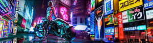 Cyberpunk Biker on Futuristic Motorcycle in Neon City HD wallpaper