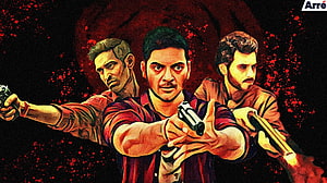 Mirzapur Action Poster Featuring Three Armed Men in Dramatic Red and Black Illustration HD wallpaper