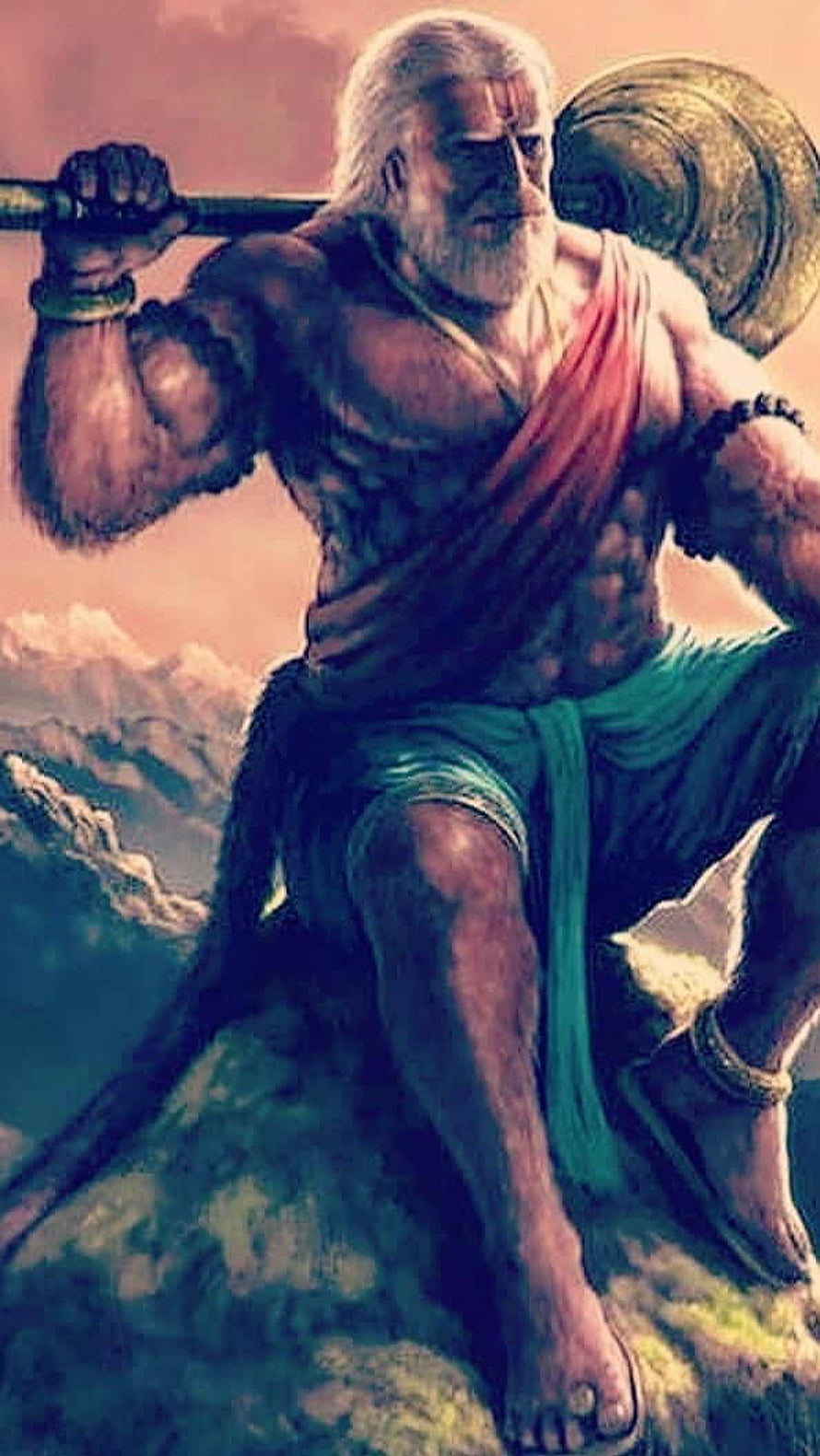 Hanuman Devotional Artwork: Muscular Warrior with Mace on Mountain Peak, Hanuman, devotional hindu god, devotional, hindu, god HD phone wallpaper