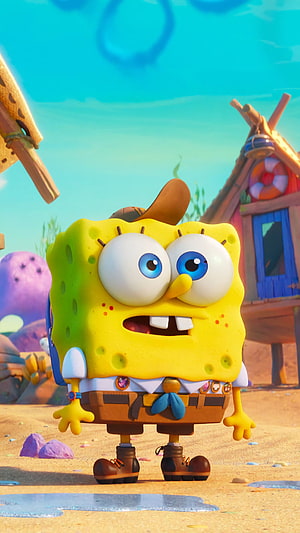 SpongeBob SquarePants in Adventure Outfit Standing on Sandy Ocean Floor HD phone wallpaper