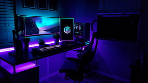 Immersive Gaming Setup With Purple And Blue LED Lighting, Triple Monitor Array, And Custom PC Build HD wallpaper