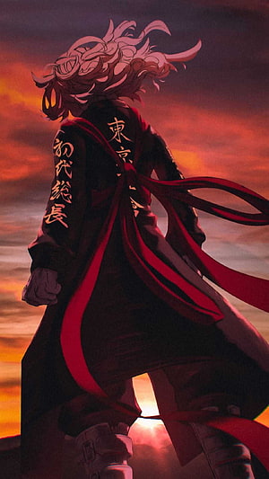 Tokyo Revengers Character in Black Coat with Red Sash Against Dramatic Sunset Sky HD phone wallpaper